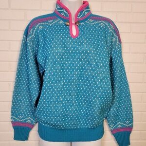 Vintage 1980s womens classic ski sweater aqua hot pink wool Merrimac Valley Alps
